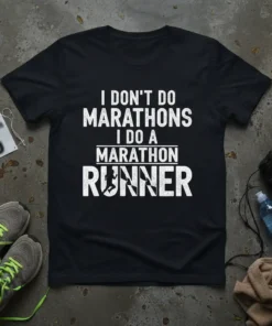 Black t-shirt with white text "I DON'T DO MARATHONS I DO A MARATHON RUNNER" and a graphic of a runner