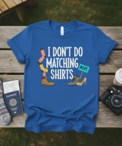 I DON'T DO MATCHING SHIRTS quote with mismatched socks, boots, and heels graphic on a blue t-shirt