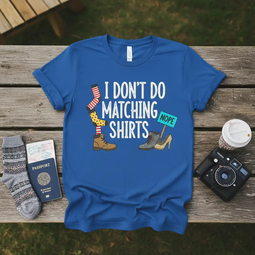 I DON'T DO MATCHING SHIRTS quote with graphic of mismatched socks, boots, and heels on a blue tee
