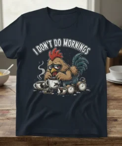 I DON'T DO MORNINGS text on a t-shirt with a grumpy cartoon chicken holding a coffee cup, surrounded by broken
