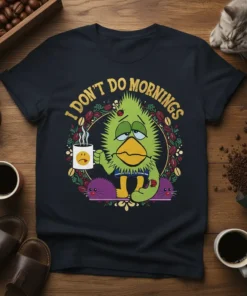 Grumpy green bird with "I DON'T DO MORNINGS" text on a dark t-shirt, holding a coffee mug