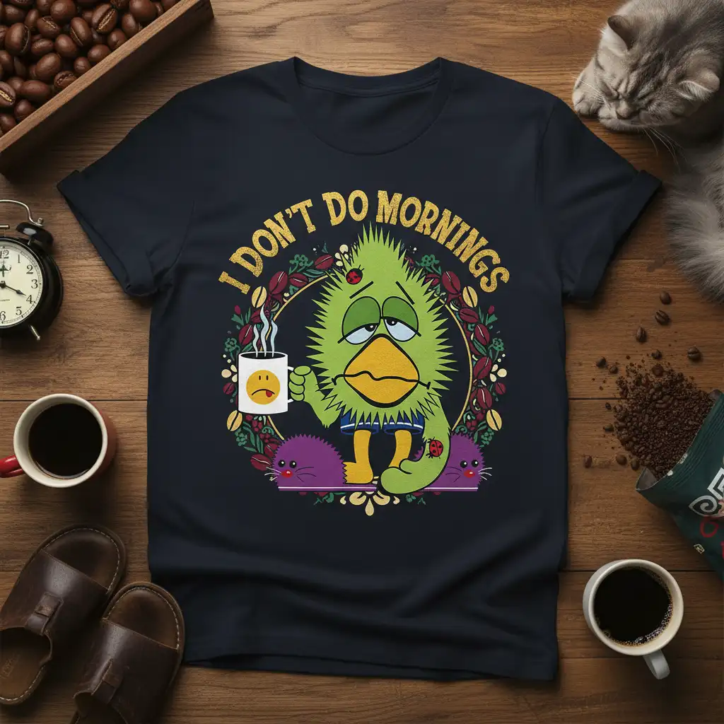 I DON'T DO MORNINGS text on t-shirt with a grumpy bird and coffee mug graphic