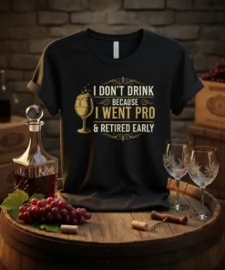 Black t-shirt with gold text "I DON'T DRINK BECAUSE I WENT PRO & RETIRED EARLY" and a wine glass graphic