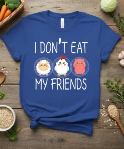 I DON'T EAT MY FRIENDS t-shirt with sheep, chicken, and pig graphics