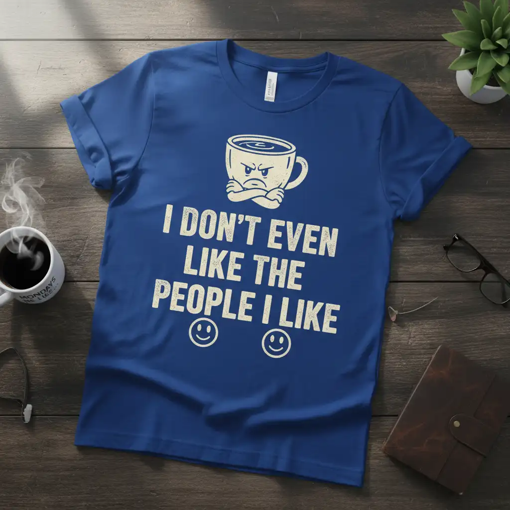 I DON'T EVEN LIKE THE PEOPLE I LIKE quote and grumpy coffee cup graphic on a blue tee