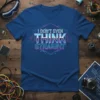 I DON'T EVEN THINK STRAIGHT text in neon futuristic font on a blue t-shirt, part of a pride collection