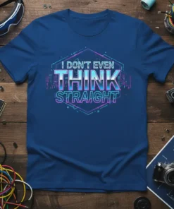 I DON'T EVEN THINK STRAIGHT text in neon futuristic font on a blue t-shirt, part of a pride collection