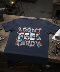 Navy blue t-shirt with bold silver text "i DON'T FEEL TARDY." surrounded by orange and blue gear graphics and geometric