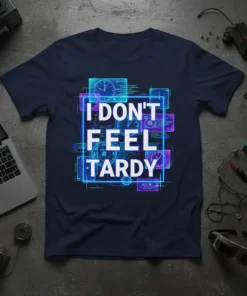 I DON'T FEEL TARDY text with digital clock graphics on a navy blue t-shirt