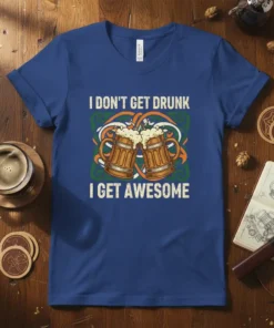 I DON'T GET DRUNK I GET AWESOME text with two beer mugs graphic on a blue t-shirt