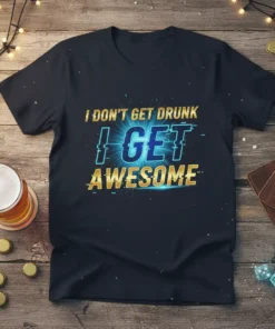 I DON'T GET DRUNK I GET AWESOME quote t-shirt design in bold gold and blue lettering with glitch effect