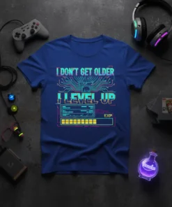 I Don't Get Older I Level Up gamer t-shirt design with circuit board and progress bar graphics in neon colors