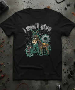 Funny "I Don't Give" quote with a mechanical donkey and mouse graphic on a black t-shirt