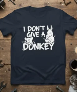 I DON'T GIVE A DONKEY funny quote t-shirt with a cartoon mouse and donkey graphic