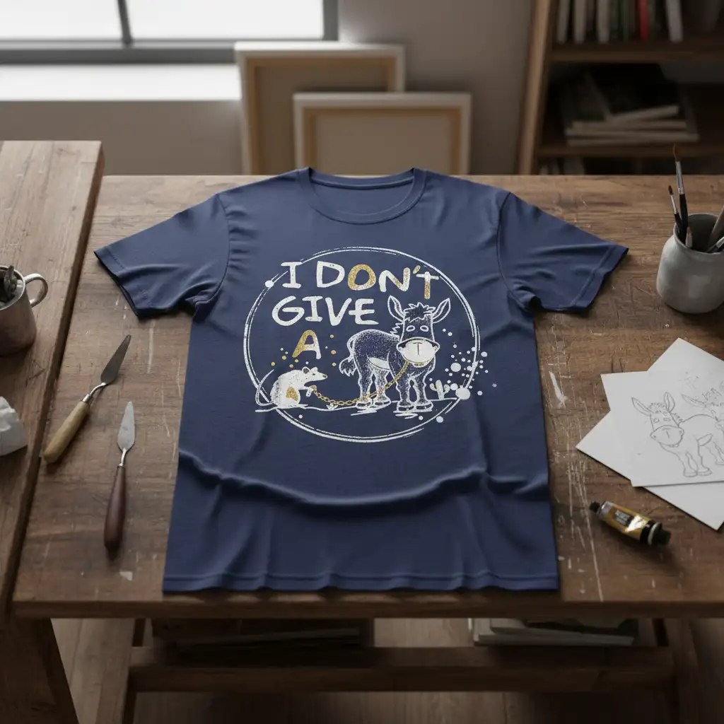 I Don't Give A Donkey Rat humorous quote design with donkey and rat in a circular graphic, bold typography
