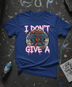 I Don't Give A bold statement t-shirt with a two-headed dragon graphic and dripping pink text