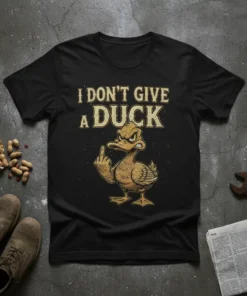 I Don't Give A Duck t-shirt featuring a grumpy duck giving the middle finger and distressed typography
