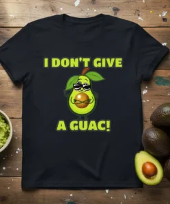 I Don't Give A Guac! funny avocado pun t-shirt design with cartoon avocado character wearing sunglasses