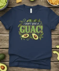 I Don't Give A Guac! text with avocado graphics on a navy blue t-shirt