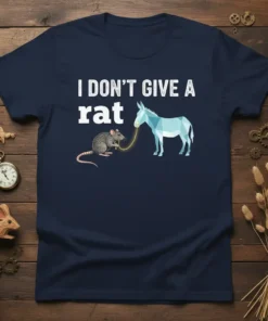 I DON'T GIVE A rat text with a gray rat pulling a light blue geometric donkey by a golden rope