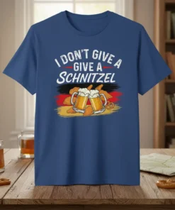 I DON'T GIVE A GIVE A SCHNITZEL text with German flag colors, beer mugs, and schnitzel graphic on a blue