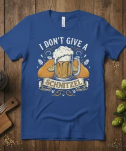 I DON'T GIVE A SCHNITZEL t-shirt design featuring a beer mug and schnitzel with hops and swirls