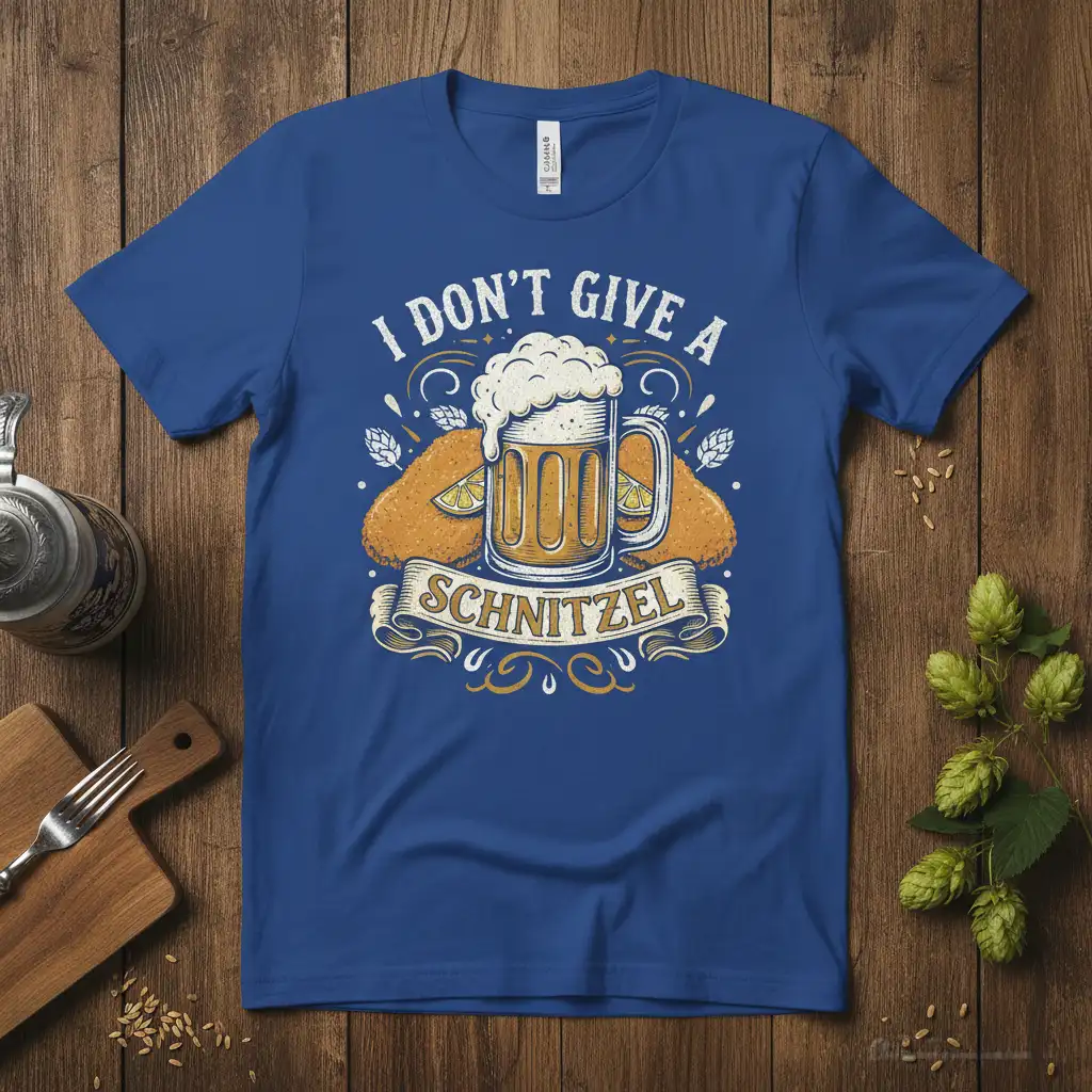 I DON'T GIVE A SCHNITZEL humorous quote on a t-shirt with beer mug and food graphic