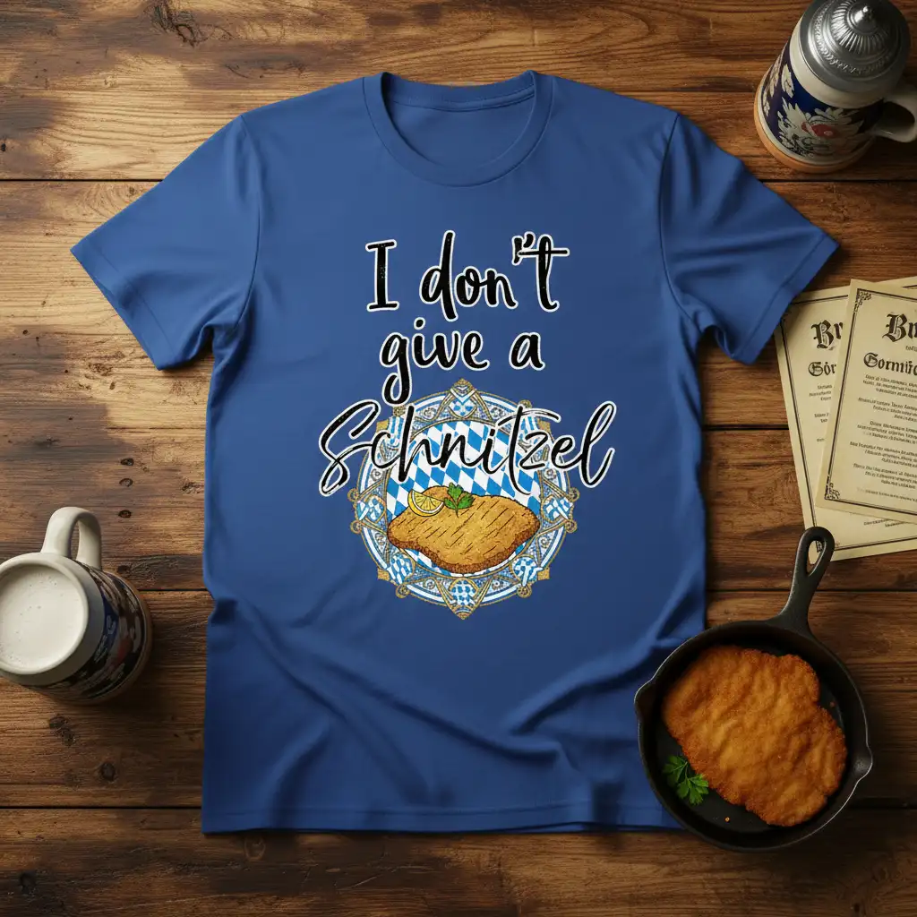 I don't give a Schnitzel quote design featuring food illustration and Bavarian pattern on apparel