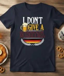 I DON'T GIVE A SCHNITZEL text with beer mug and German flag graphic on a navy t-shirt