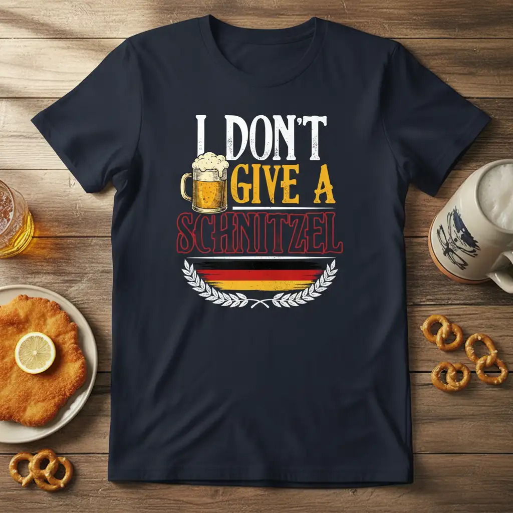 I DON'T GIVE A SCHNITZEL quote with beer mug and German flag on a navy t-shirt