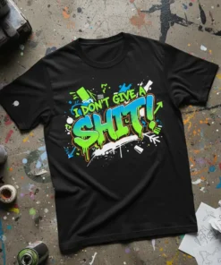 Black t-shirt with "I DON'T GIVE A SHIT!" in vibrant green and blue graffiti style lettering and splatters