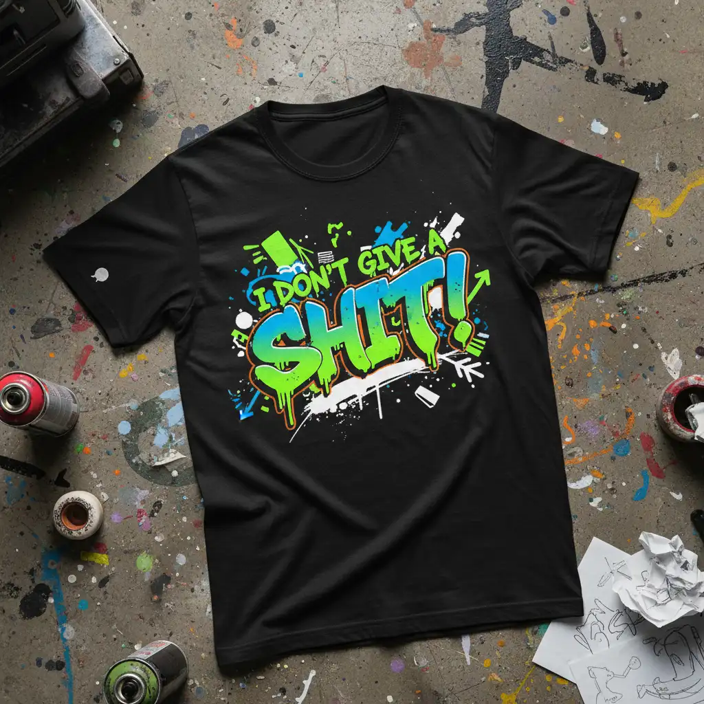 I DON'T GIVE A SHIT! graffiti lettering with neon green and blue drips on a black tee