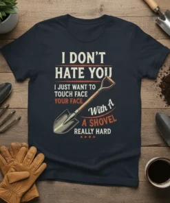I DON'T HATE YOU I JUST WANT TO TOUCH FACE YOUR FACE With A SHOVEL REALLY HARD text on a