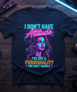I DON'T HAVE Attitude I'VE GOT A PERSONALITY YOU CAN'T HANDLE text with a neon pink and blue retro graphic