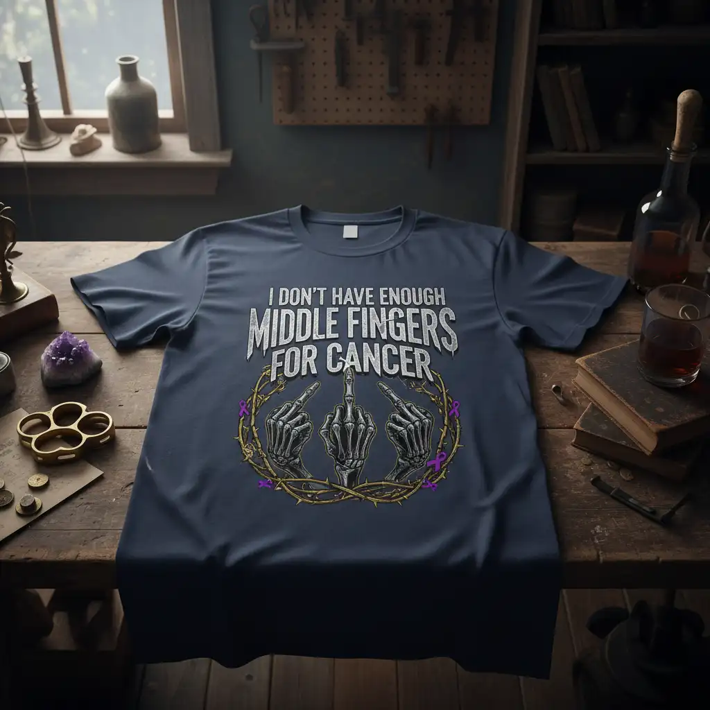 I Don't Have Enough Middle Fingers For Cancer quote with skeletal middle fingers and purple ribbons on a dark t-shirt