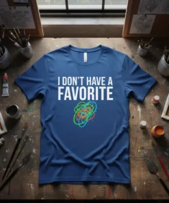 Blue t-shirt with white text "I DON'T HAVE A FAVORITE" and colorful abstract scribbles below