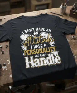 I Don't Have An Attitude I Have A Personality You Can't Handle quote on a black t-shirt, bold yellow and