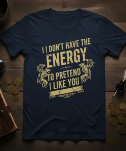 Dark navy t-shirt with gold text "I DON'T HAVE THE ENERGY TO PRETEND I LIKE YOU" and dragon graphics
