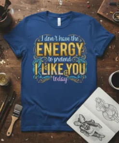 Blue t-shirt with gold and blue text "I don't have the ENERGY to pretend I LIKE YOU today" in decorative