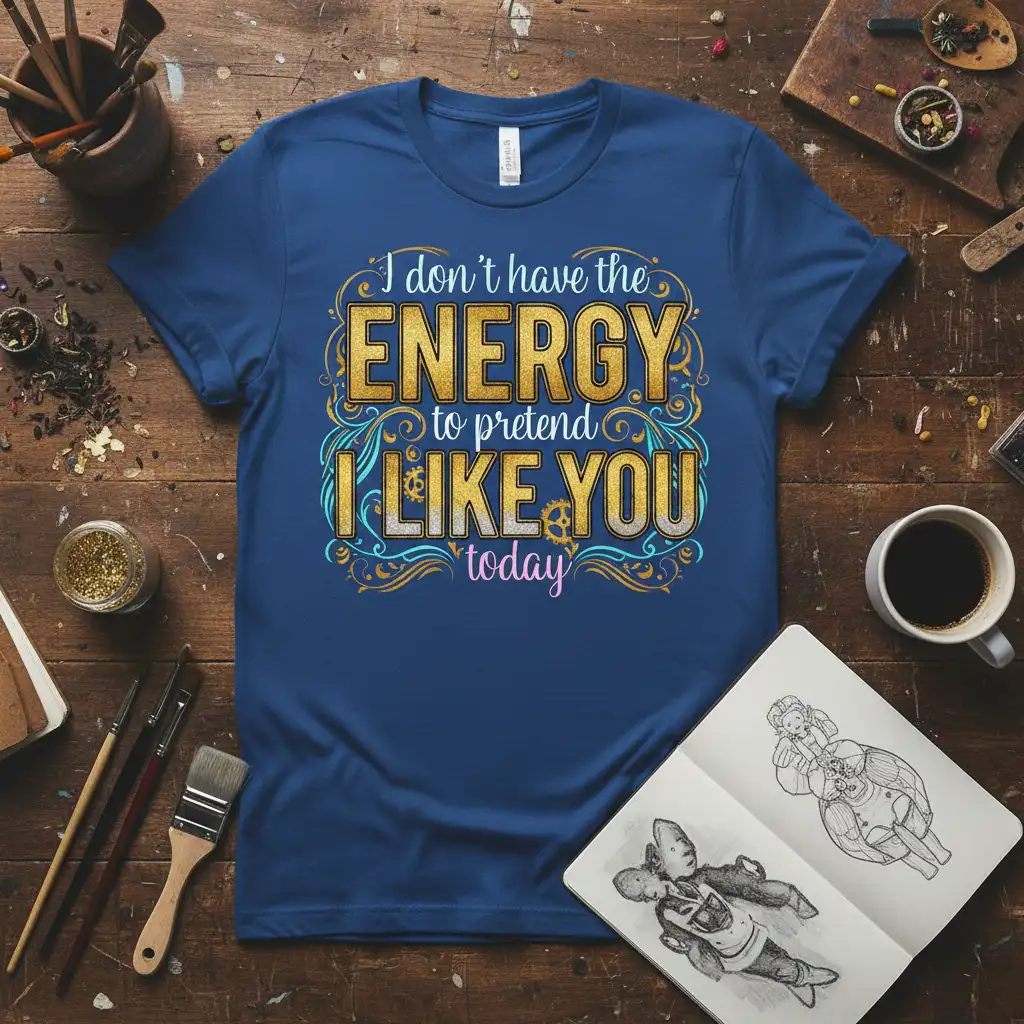 I don't have the ENERGY to pretend I LIKE YOU today quote on a navy blue t-shirt with ornate golden and blue