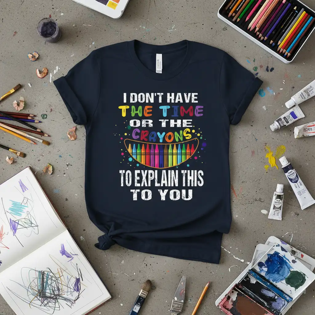 I Don't Have The Time Or The Crayons To Explain This To You quote with colorful crayon art on a dark t-shirt
