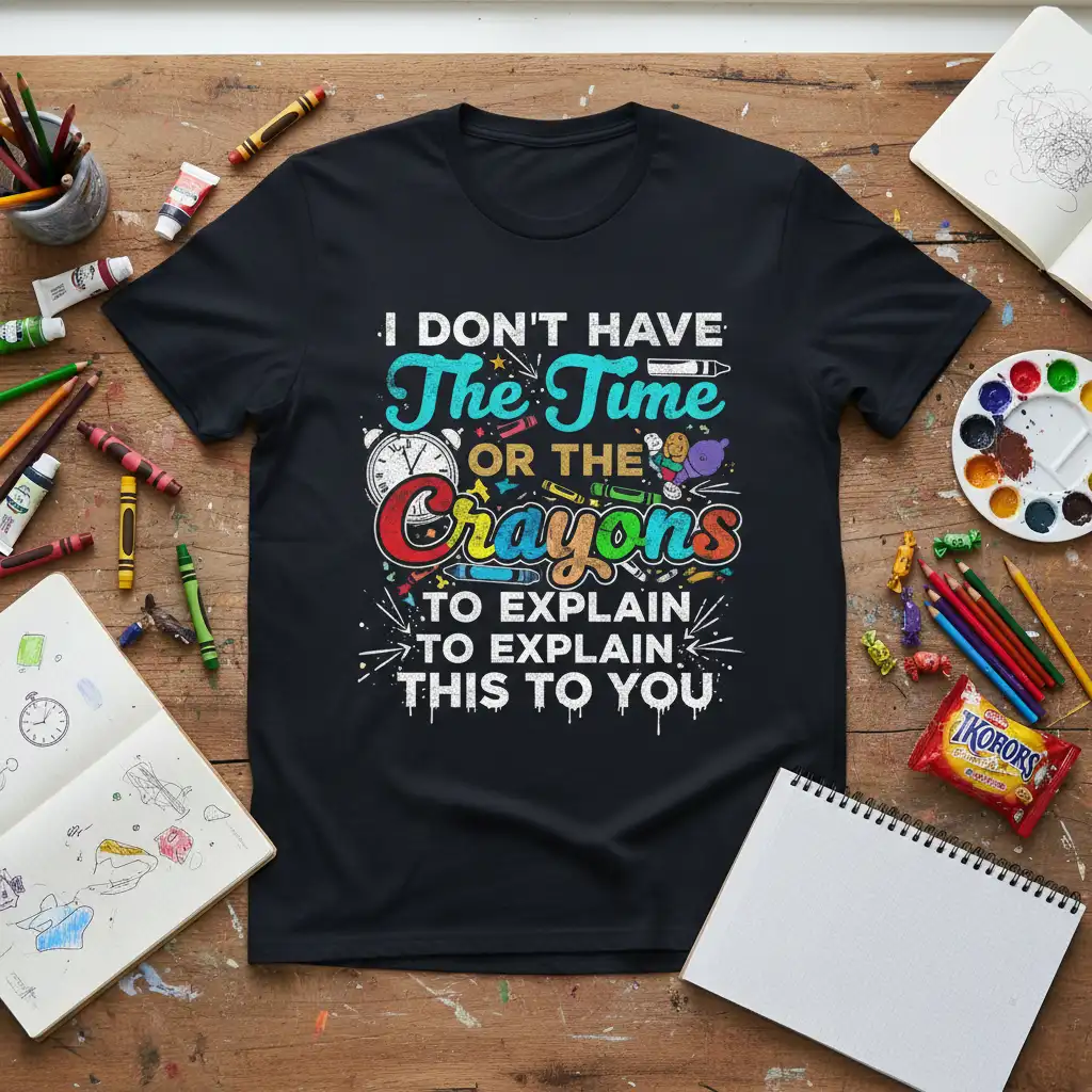 I DON'T HAVE The Time OR THE Crayons quote on a black t-shirt with playful school supply graphics