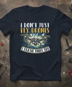 "I Don't Just Fly Drones I Crash Them Too" text on a dark t-shirt with a graphic of a broken