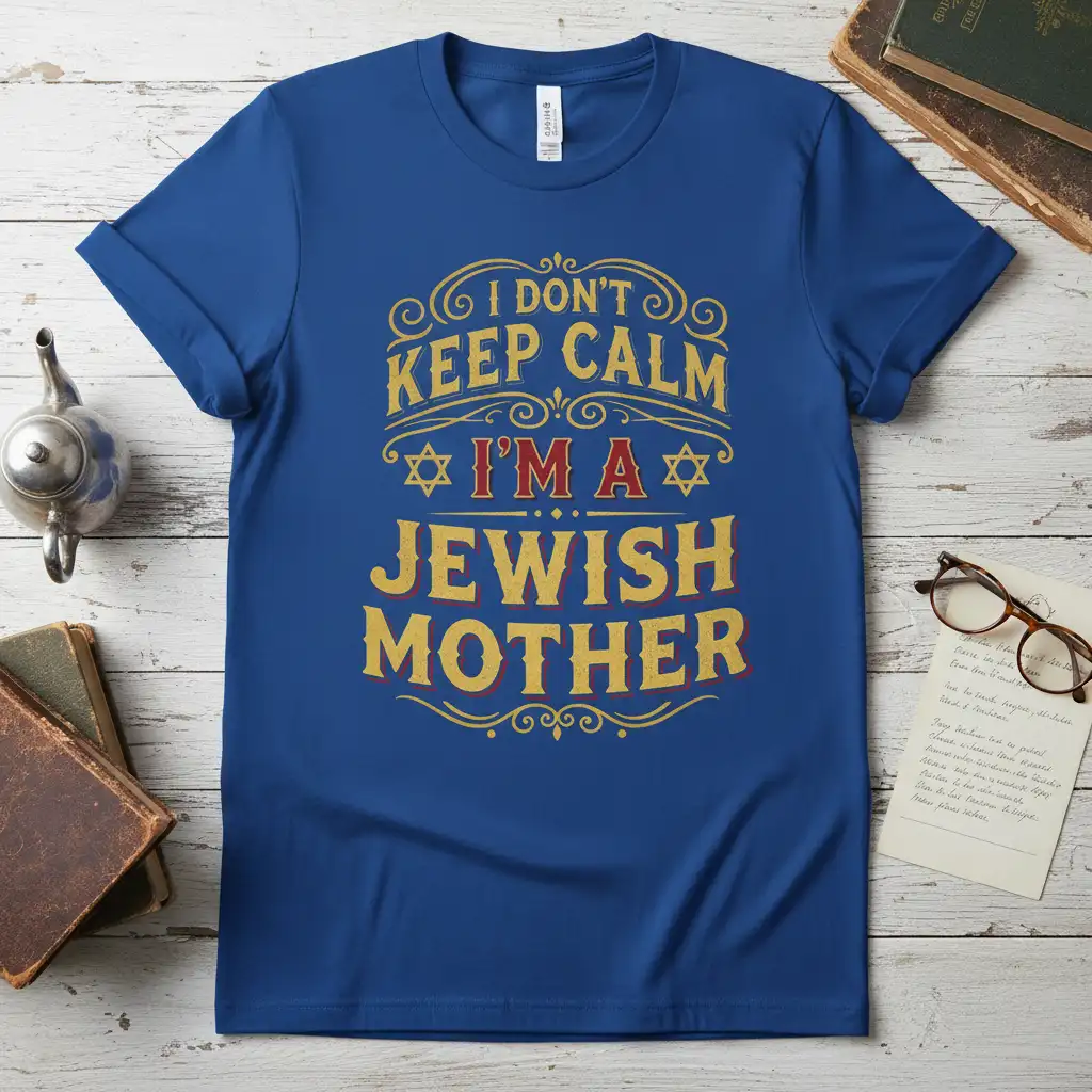 I Don't Keep Calm I'm A Jewish Mother quote on a royal blue t-shirt with decorative gold and red typography