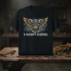 Eagle with shield and gears design on a black t-shirt with "I DON'T KNEEL" text below