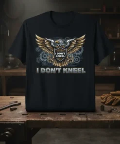 Eagle with shield and gears design on a black t-shirt with "I DON'T KNEEL" text below
