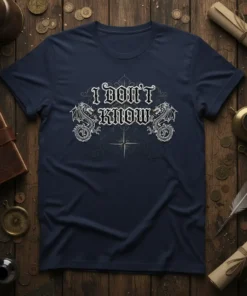 Navy t-shirt with white gothic text "I DON'T KNOW" flanked by two dragon graphics and a compass rose design