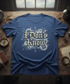 I Don't Know t-shirt with vintage compass and gear graphic, white distressed text on blue tee