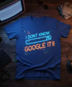 Blue t-shirt with neon text "I DON'T KNOW GOOGLE IT!!" in a search bar design, featuring digital graphics