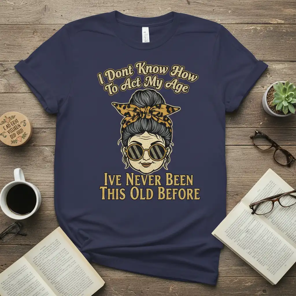 I Dont Know How To Act My Age Ive Never Been This Old Before quote and graphic on a navy blue t-shirt